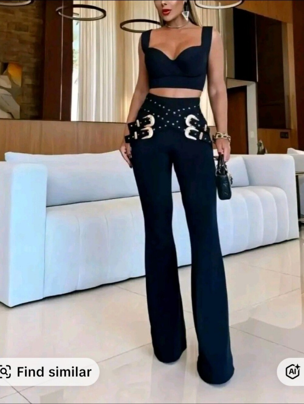 Wonen's Two Piece Set tudded High-Waist Black Flared Pants - Women's